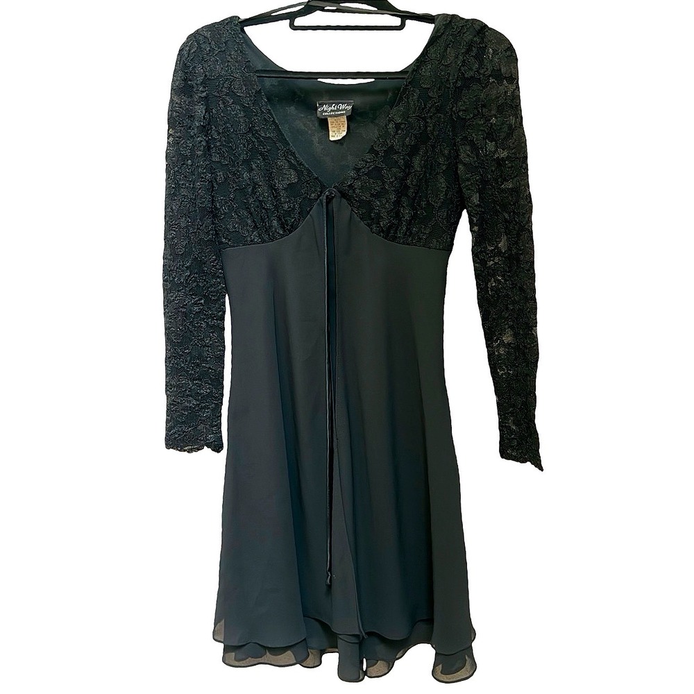 VTG Night Way Collections Black Lace Cocktail Dress Lace Long Sleeve Size 4